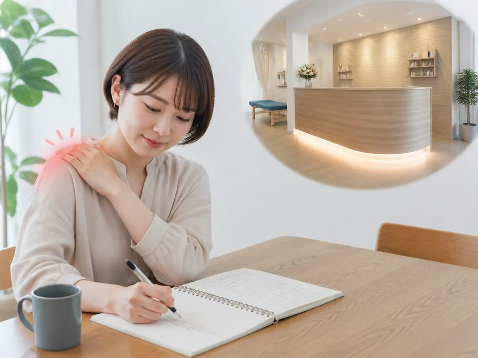 肥満と肩こりの相談前に症状を整理している人と中村接骨院のイメージ