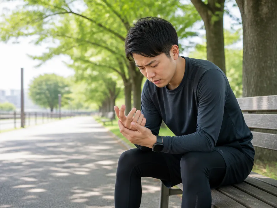 ランニング後も手のしびれが残り不安そうな人