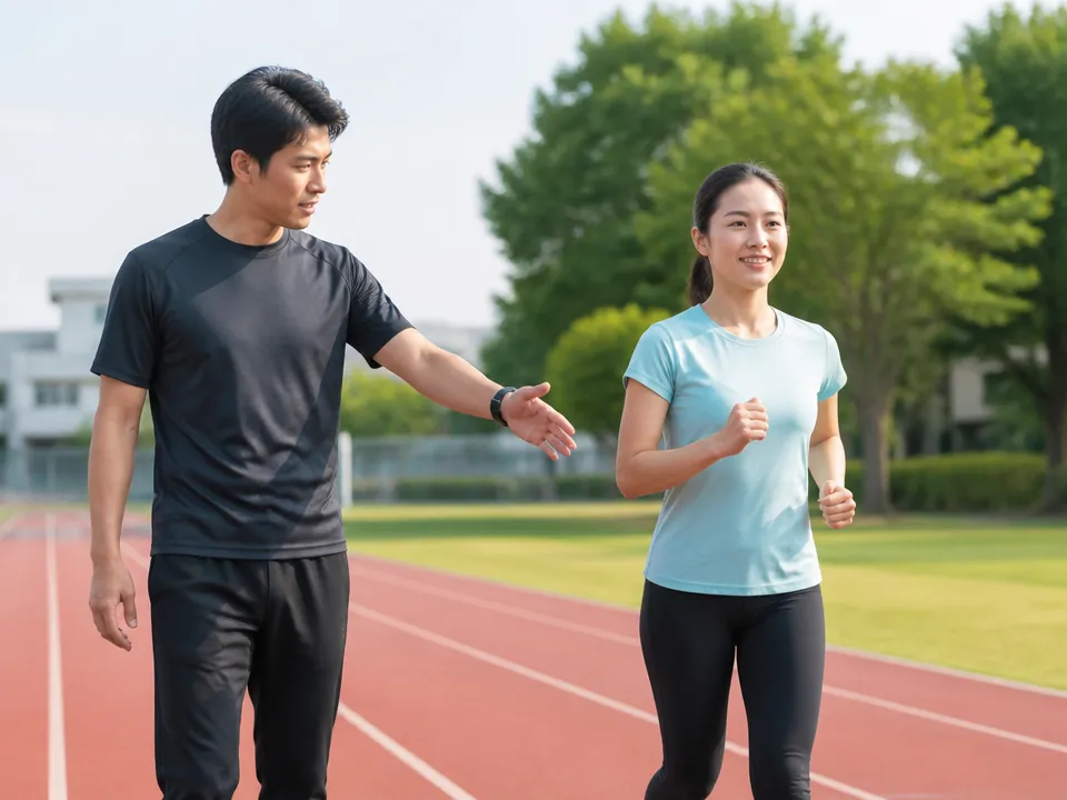 ランニングフォームで腕や手の力みを確認する様子