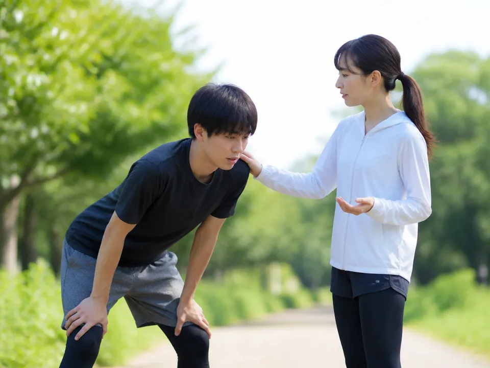 ランニング中の呼吸と姿勢の崩れを確認する様子