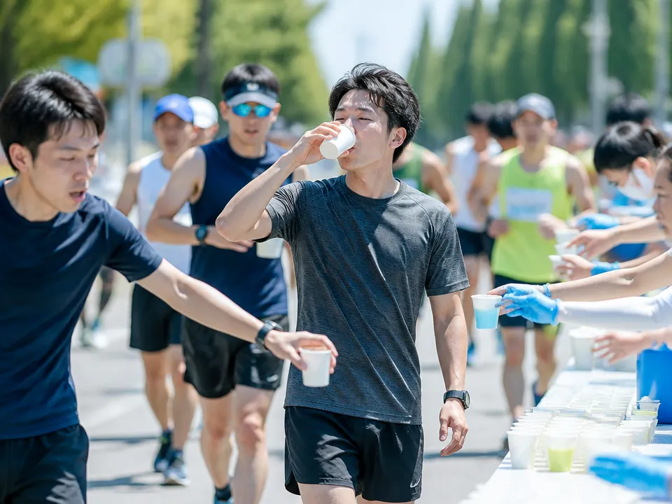 夏場のランニングで水分と電解質補給を確認する様子