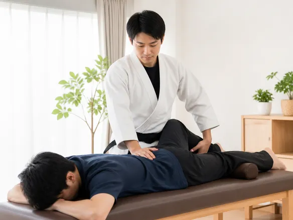 柔道整復師の院長が痛みを抑えた整体で腰や骨盤周りを施術している様子