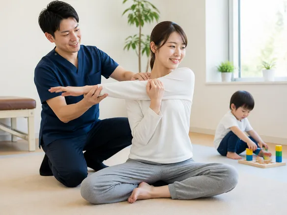 子育て中の方がストレッチ指導を受けながら産後の不調について相談している様子