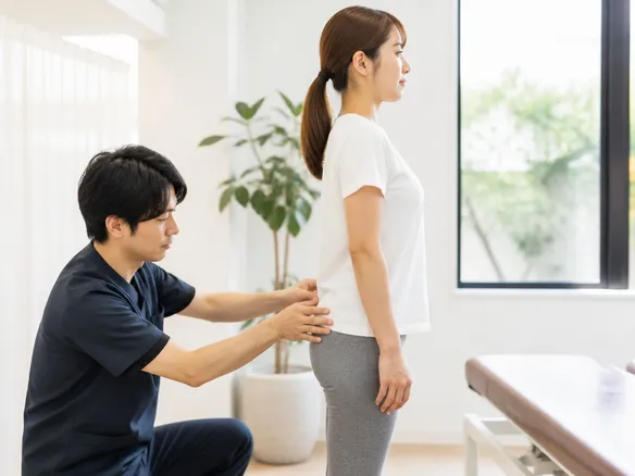 姿勢や筋力バランスを確認しながら骨盤周りの状態をチェックしている様子