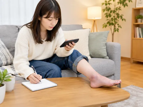 足首の捻挫について症状をメモし写真を撮って受診準備をする様子
