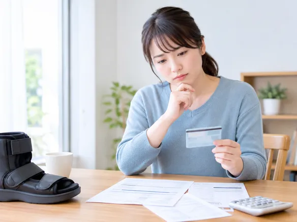 捻挫の治療費や保険適用を確認するため書類と保険証を手にする人