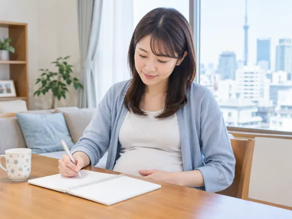 竹ノ塚エリアで接骨院への相談内容をメモする妊婦