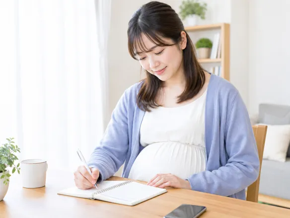 妊娠週数と体調をメモしながら相談準備する妊婦