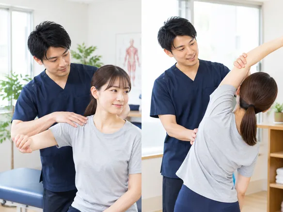 整体とストレッチ指導で肩こりケアを行う様子