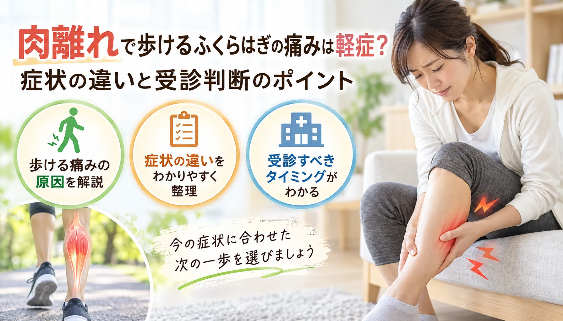 肉離れで歩けるふくらはぎの痛みは軽症？症状の違いと受診判断のポイント