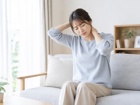 首のこりと頭痛に悩む人が不安そうに頭と首に手を当てている様子