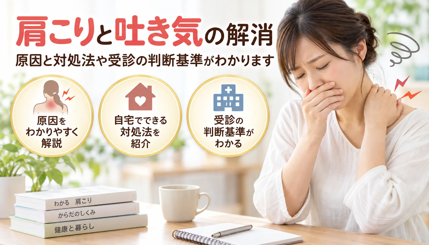 肩こりと吐き気の解消、原因と対処法や受診の判断基準がわかります