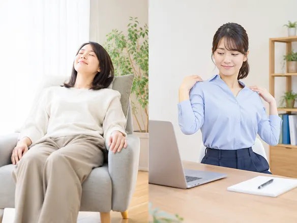 椅子で休む人と軽く肩を回す人を対比したイメージ