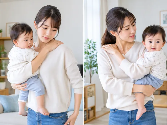 左右の腕で抱っこを変えながら肩の張りを確認する母親