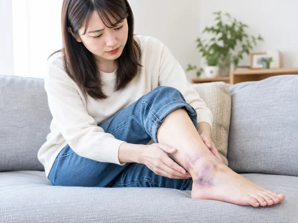 足首の腫れと内出血を見ながら受診を考える人