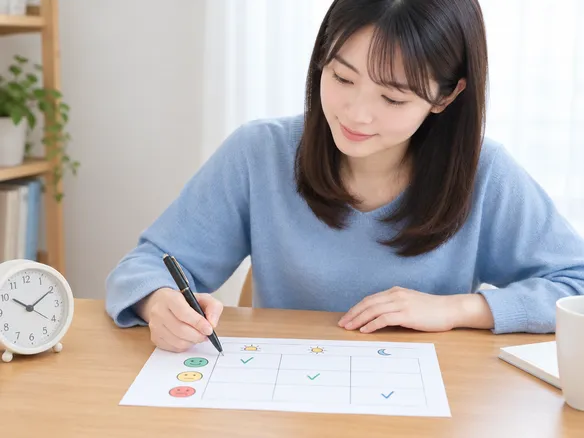 一日の疲労感の変化を時間帯ごとにメモする様子