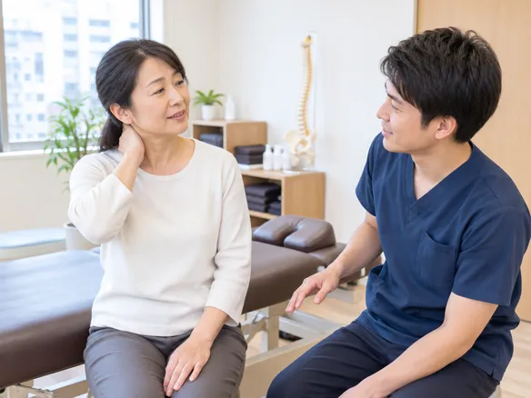 竹ノ塚エリアで首や肩の違和感に悩む人と整体ベッド