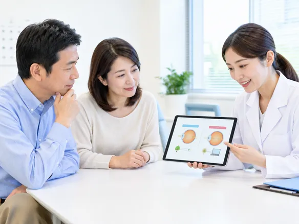 老眼と疲れ目の違いを図で確認する中高年の男女