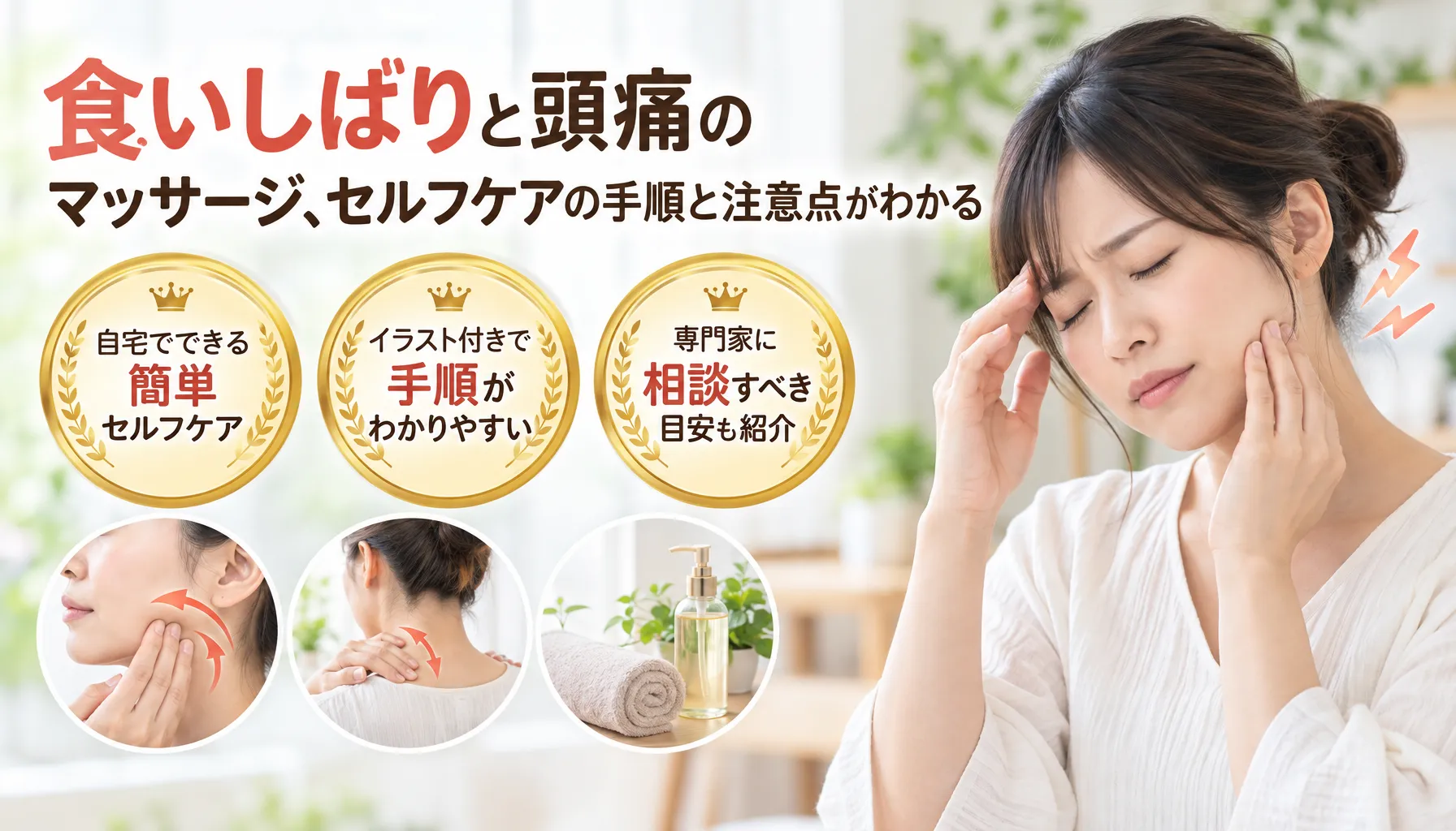 食いしばりと頭痛のマッサージ、セルフケアの手順と注意点がわかる