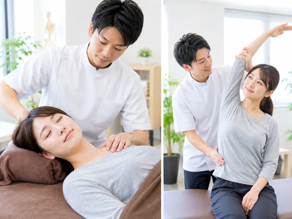 柔道整復師が痛くない整体とストレッチ指導を行う様子