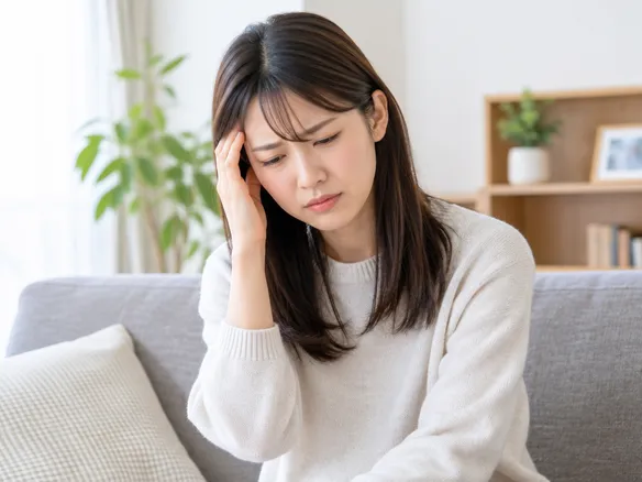 頭痛でうつむきながら受診を検討している人の様子