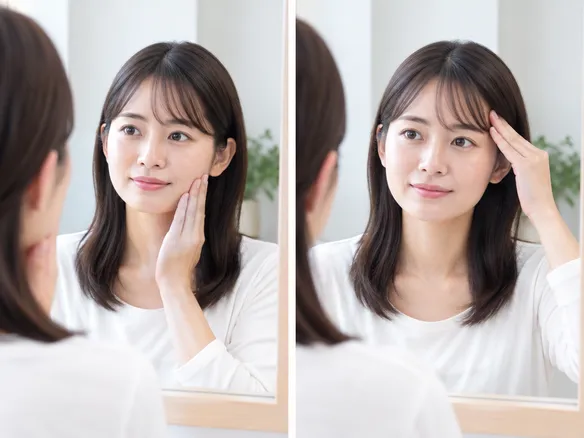 咬筋と側頭筋の位置を指で比べて触れている様子
