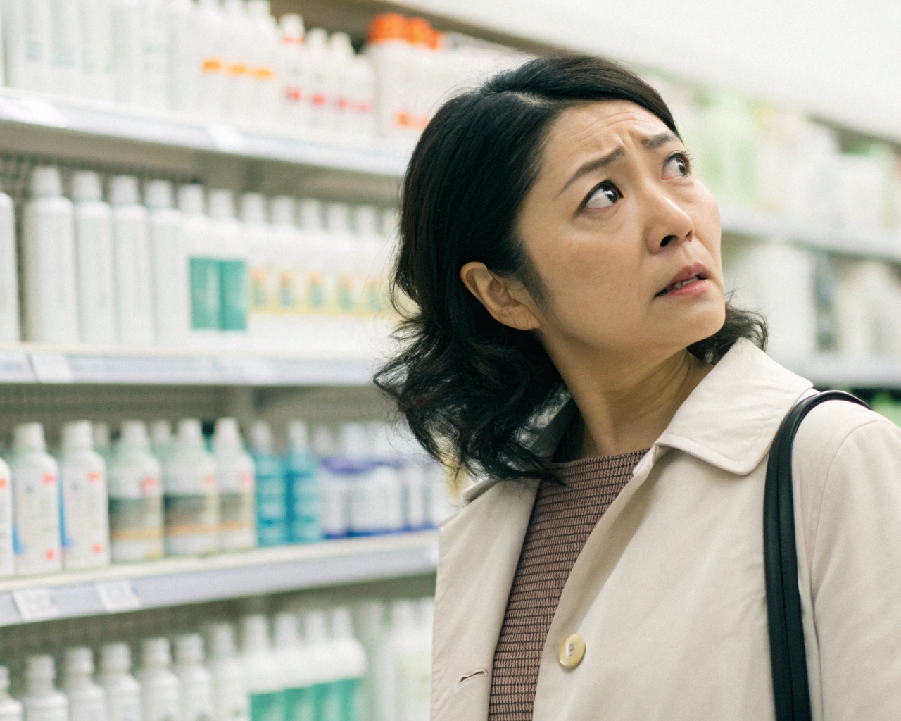 パーマ液売り場で悩んでいる女性