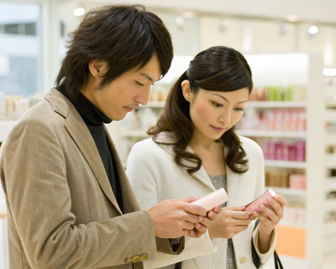 値札を見比べる男女
