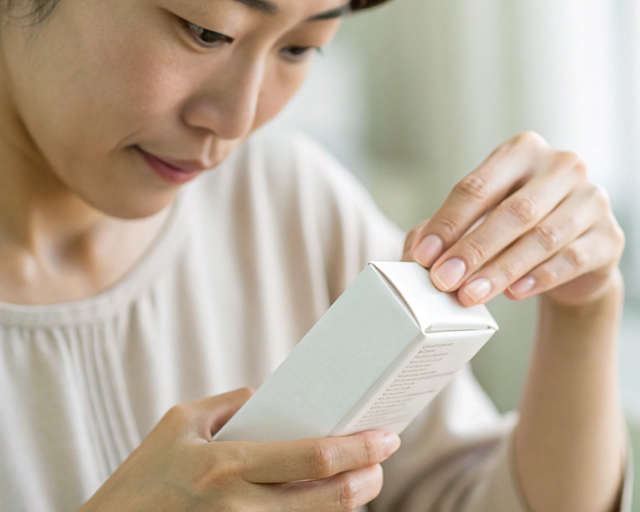 パーマ液の成分表示を確認する手元