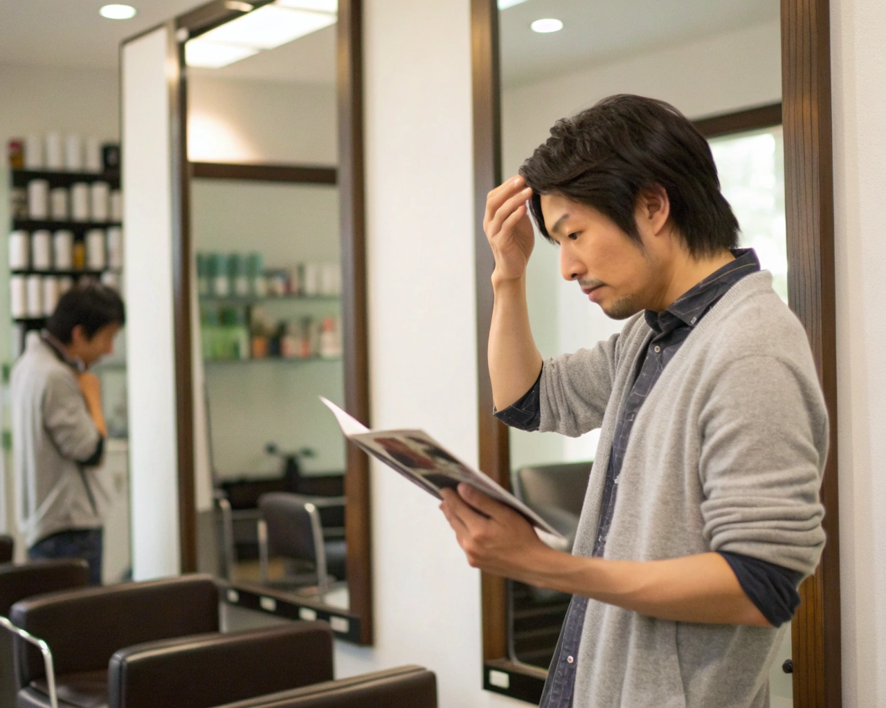 悩んでいる男性 客観的なヘアカット選び