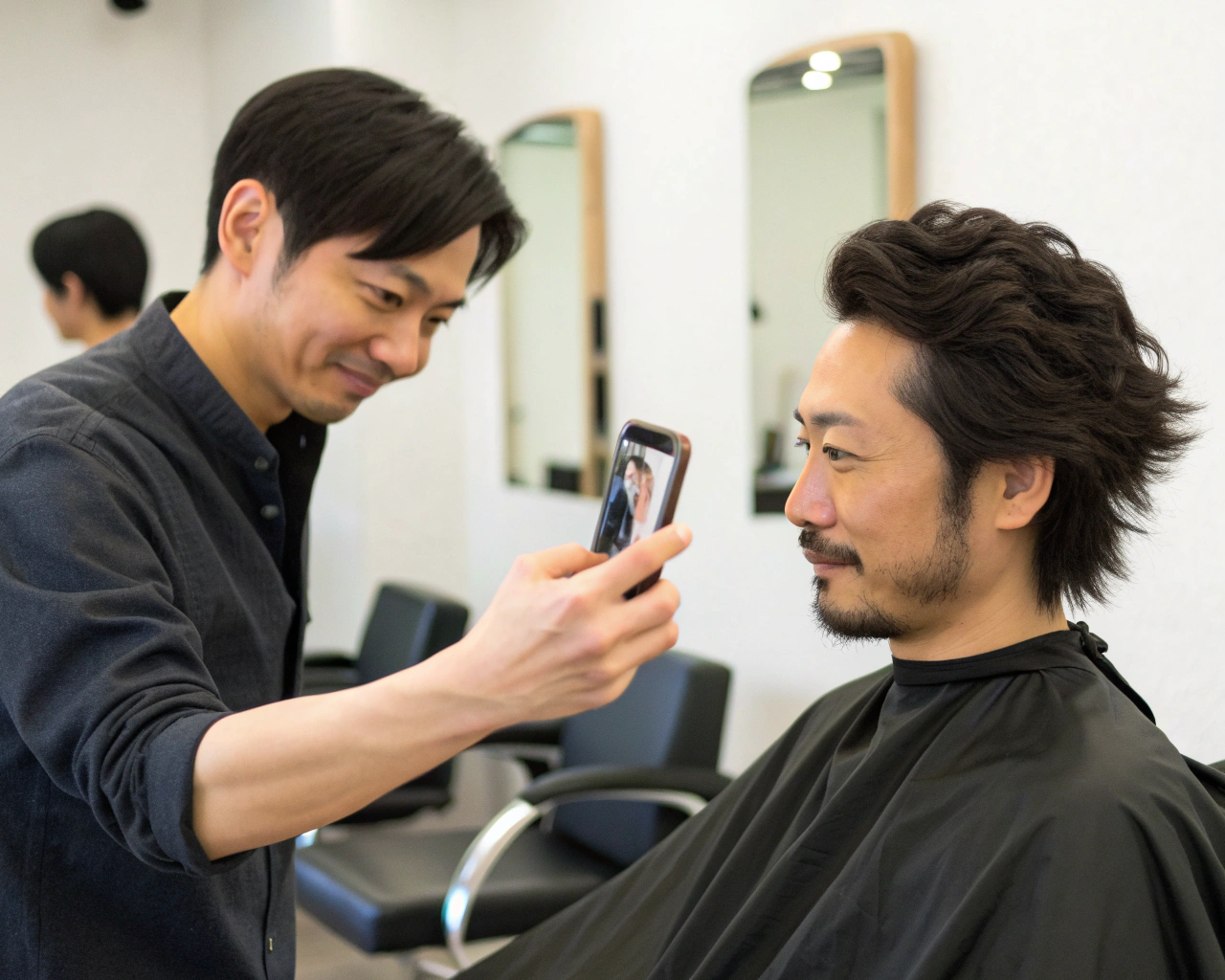 スマホでヘアスタイル写真を見せる男性