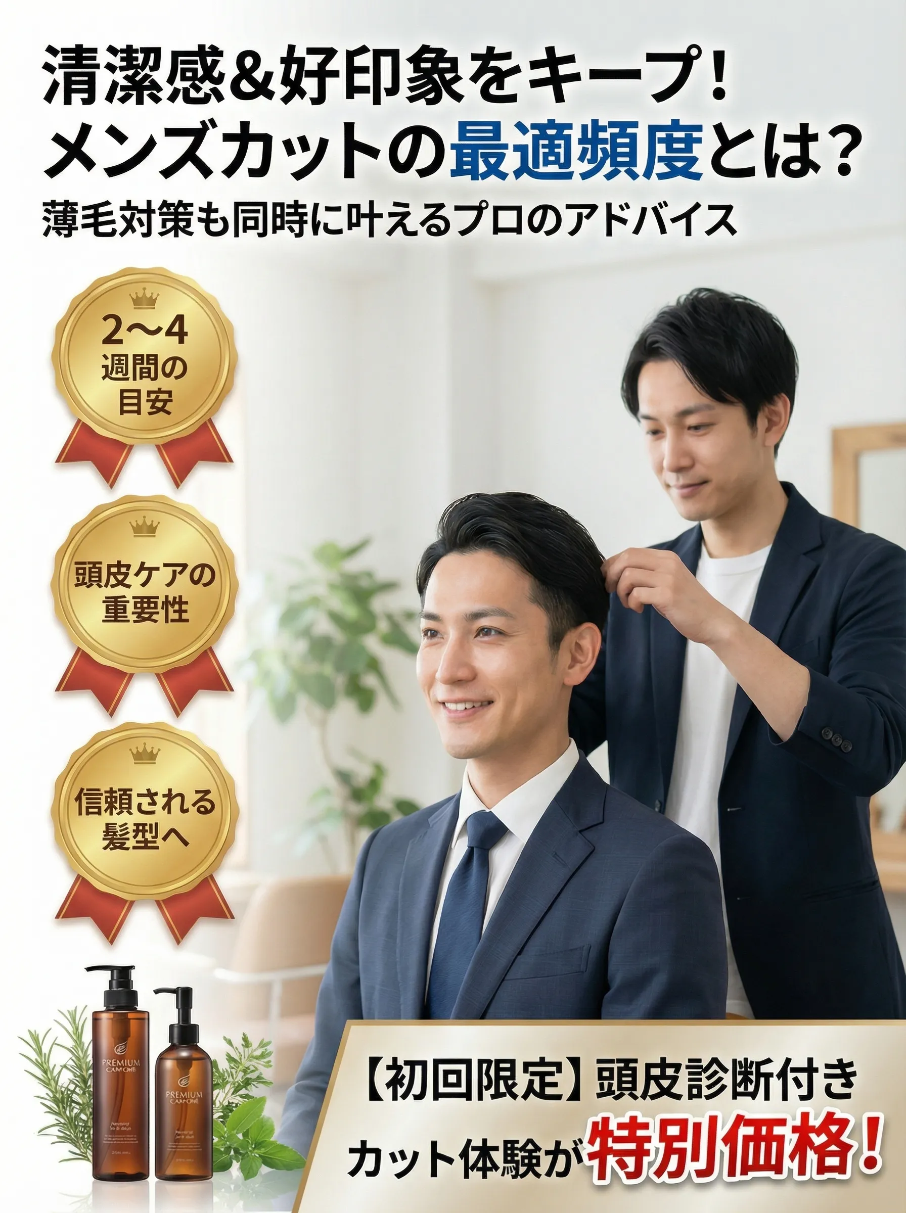 理想的なメンズカット頻度と薄毛対策で清潔感あるヘアスタイルを提案する男性美容師とお客様