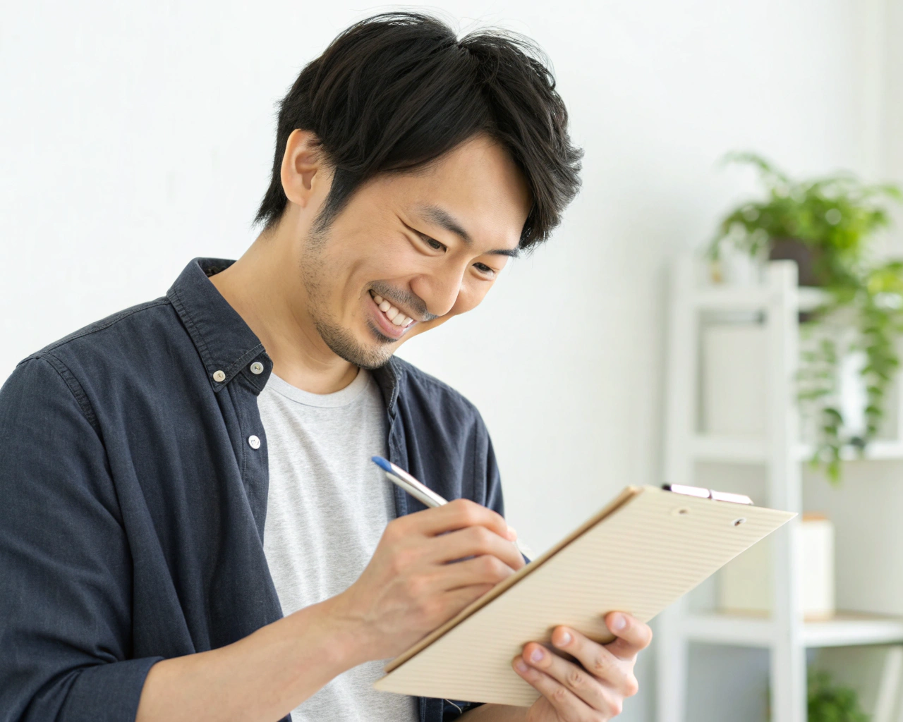 チェックリストを見ながら笑顔の男性