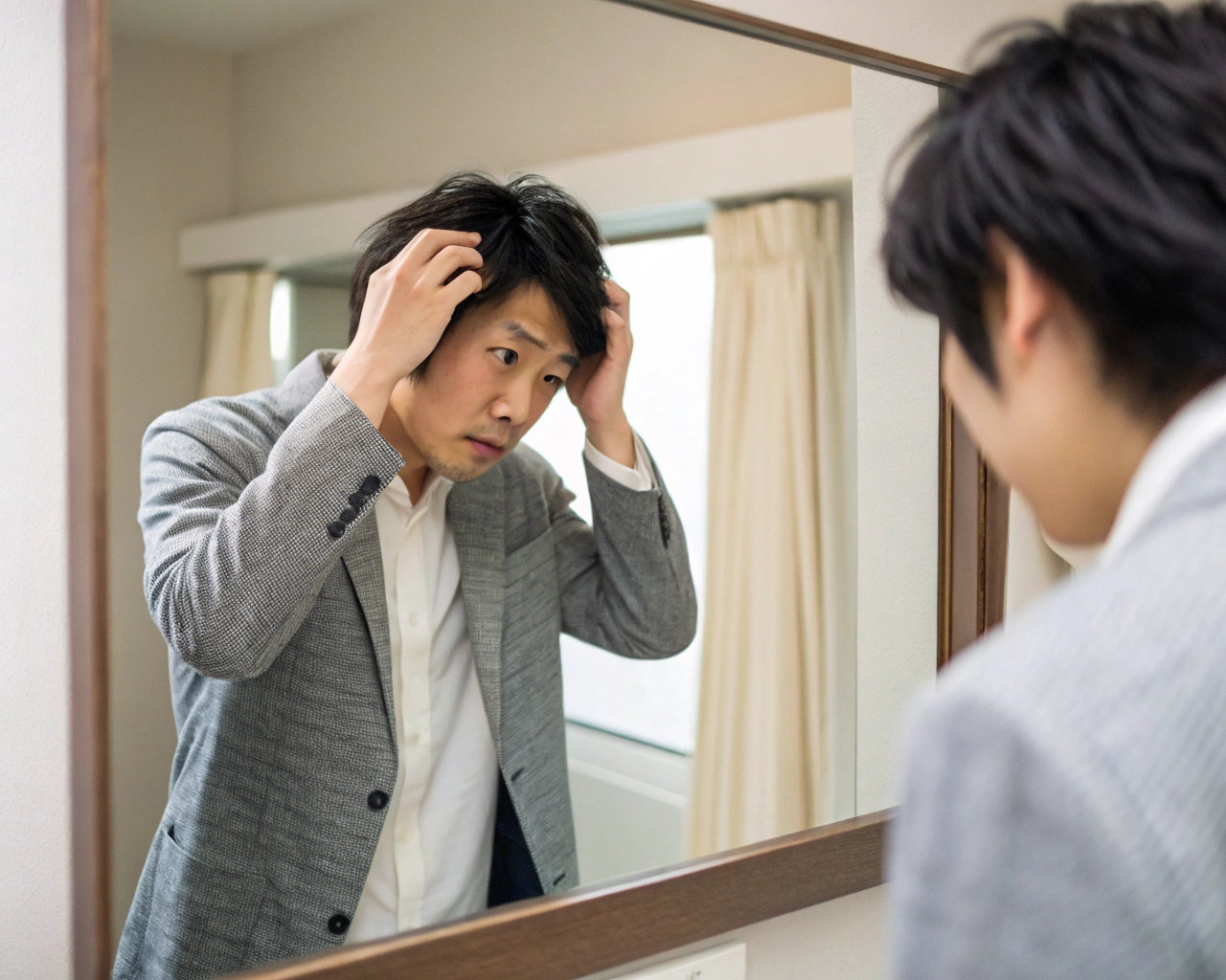 前髪やスタイリングで悩む男性学生