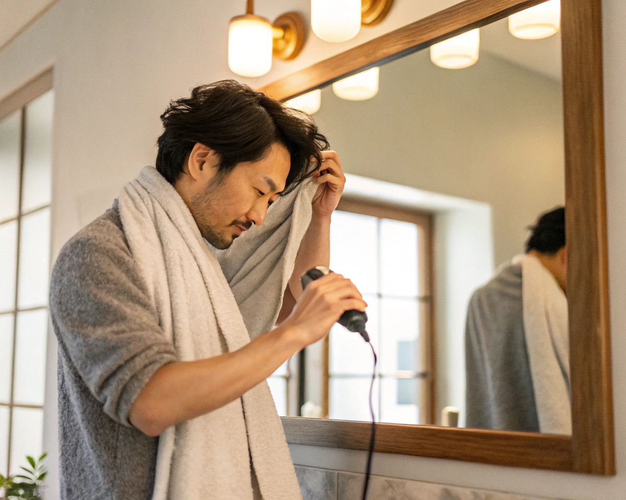 パーマ後の自宅ヘアケアをする男性
