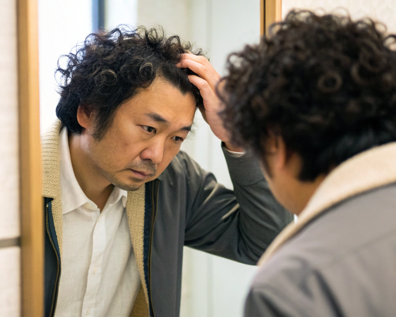 カールが取れかけた髪に悩む男性