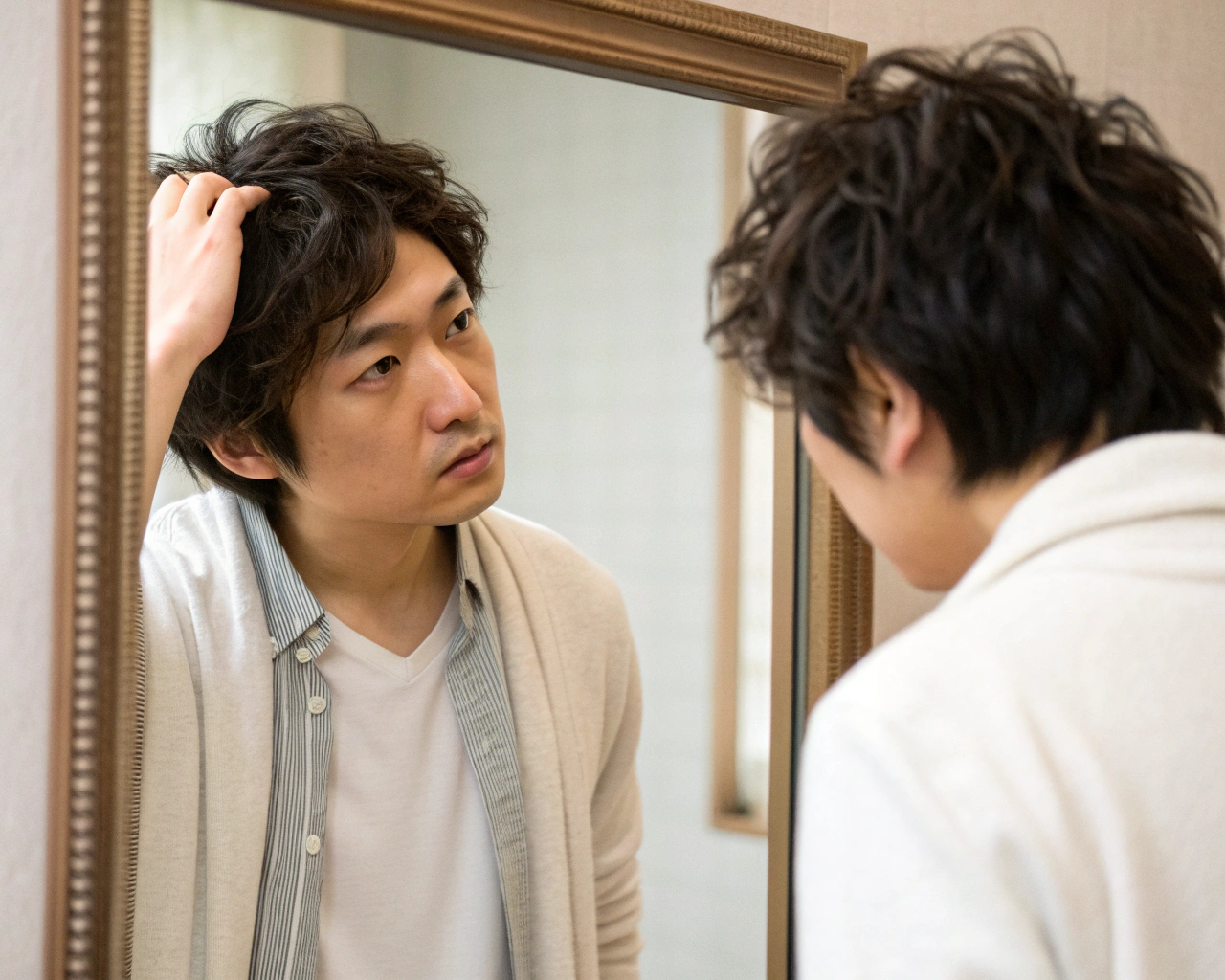パーマ後に髪が細くなり悩む若い男性