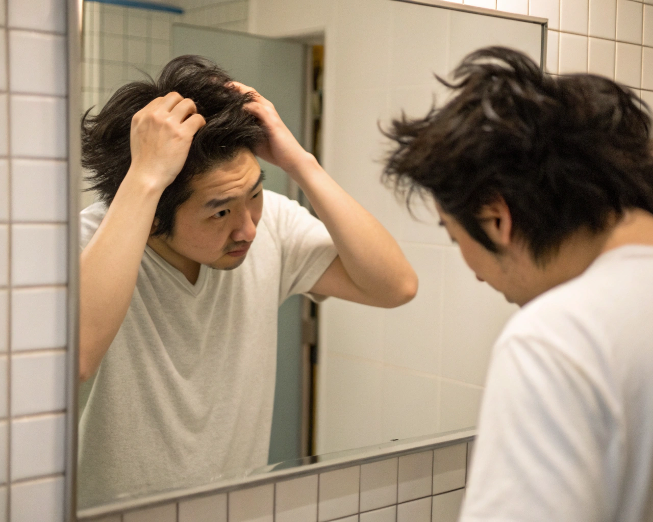 切れ毛でセットが決まらず悩む男性