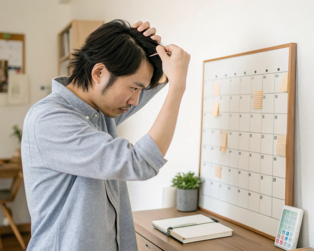 スケジュール帳とカレンダーでカット周期を管理する男性