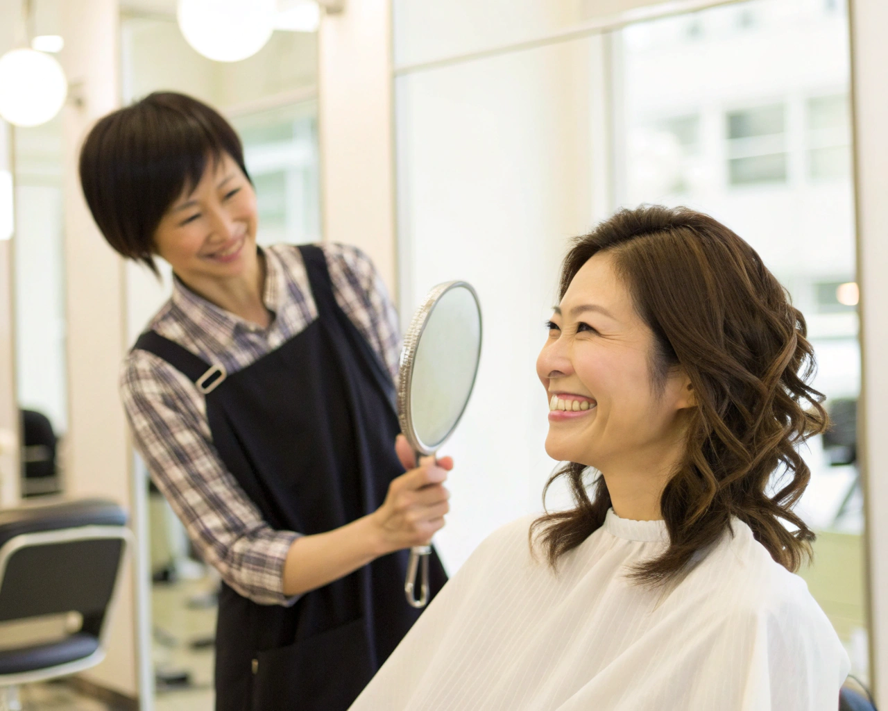 笑顔で鏡を見る女性と美容師