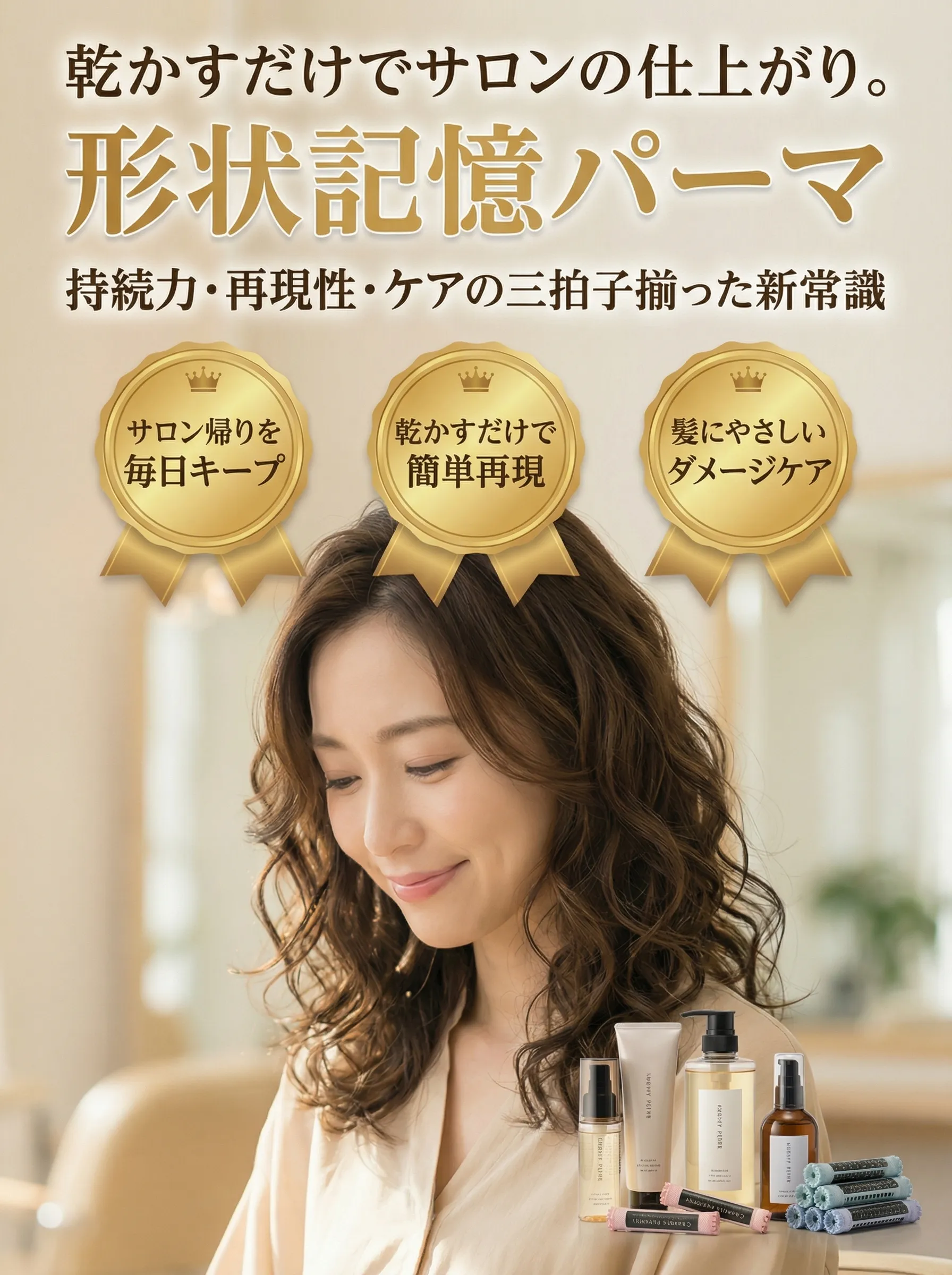 形状記憶パーマで自然なウェーブを手に入れた男女が朝のスタイリングを楽しんでいる様子