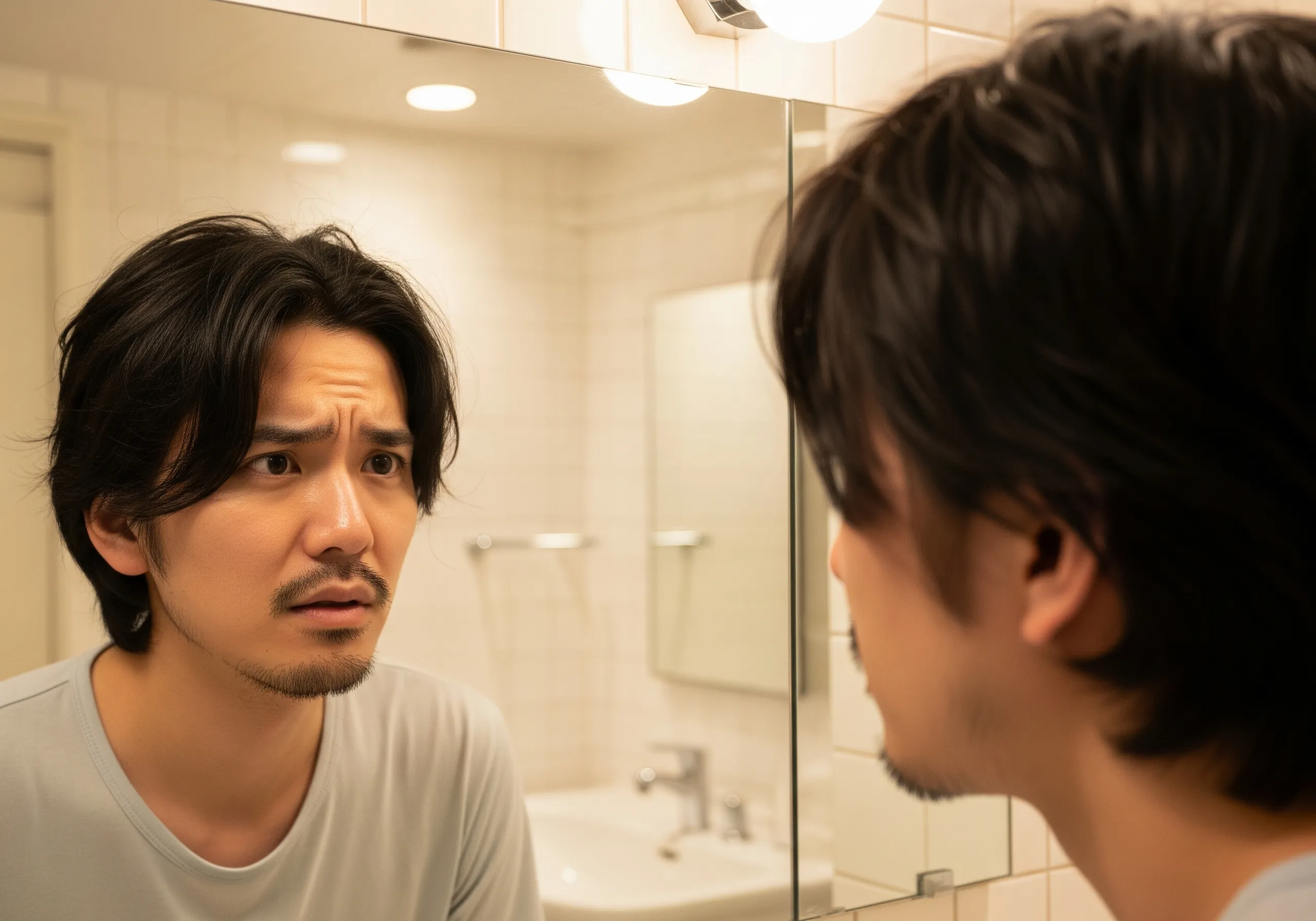 伸びた髪でだらしなく見える男性