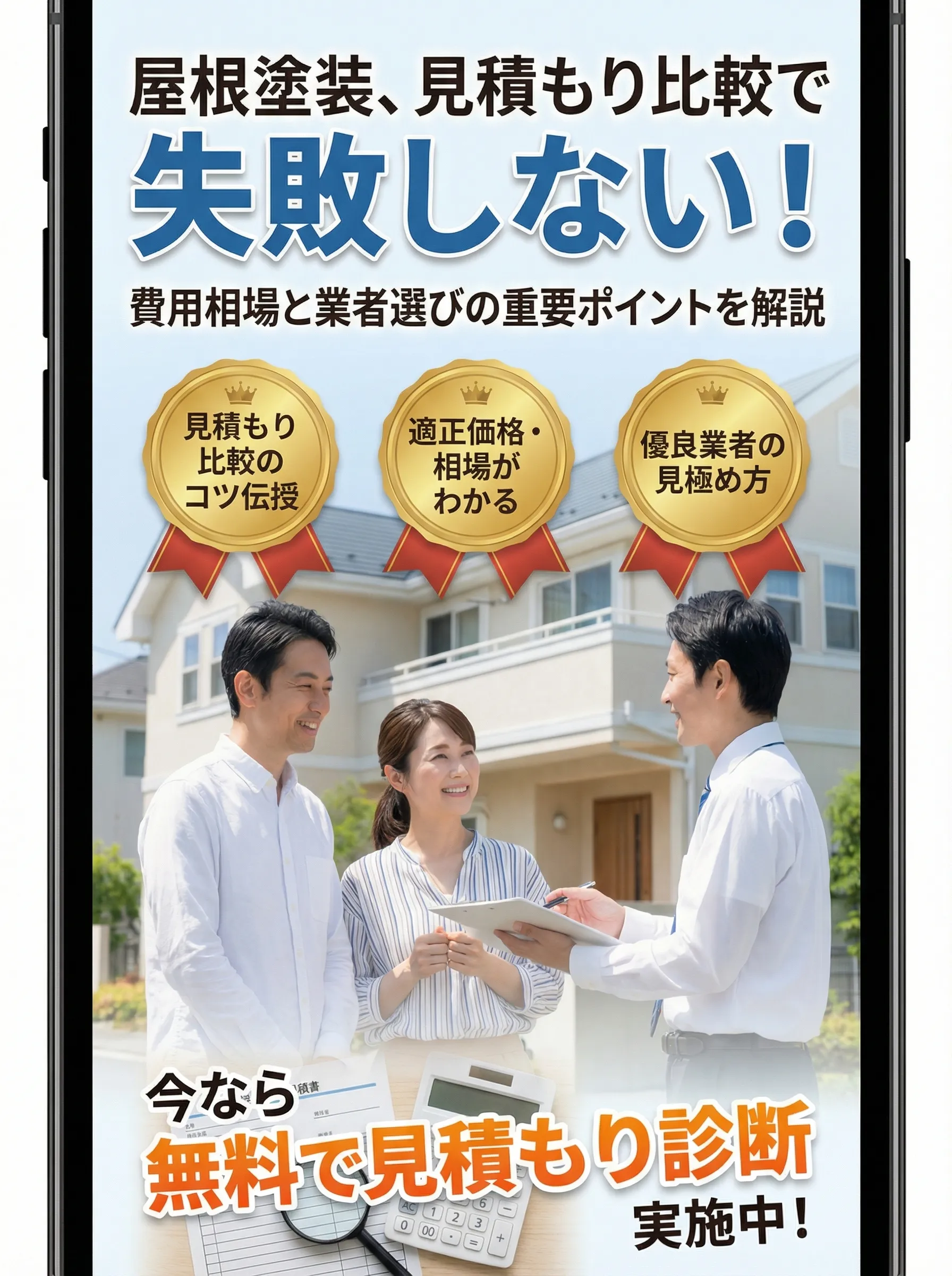 複数の屋根塗装見積書をテーブルで比較検討する男女と資料