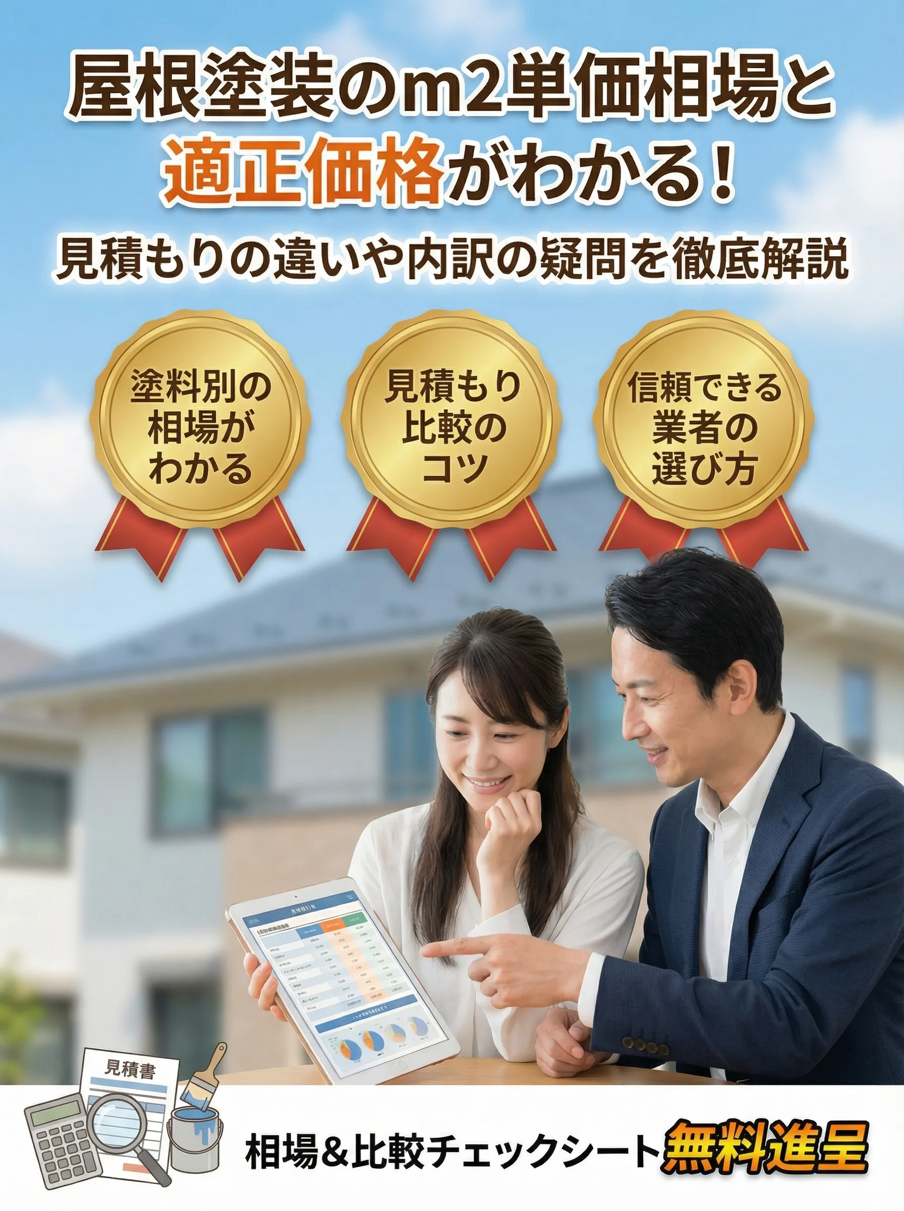 屋根塗装のm2単価を比較検討する中高年男性が見積もり表を手に安心している様子