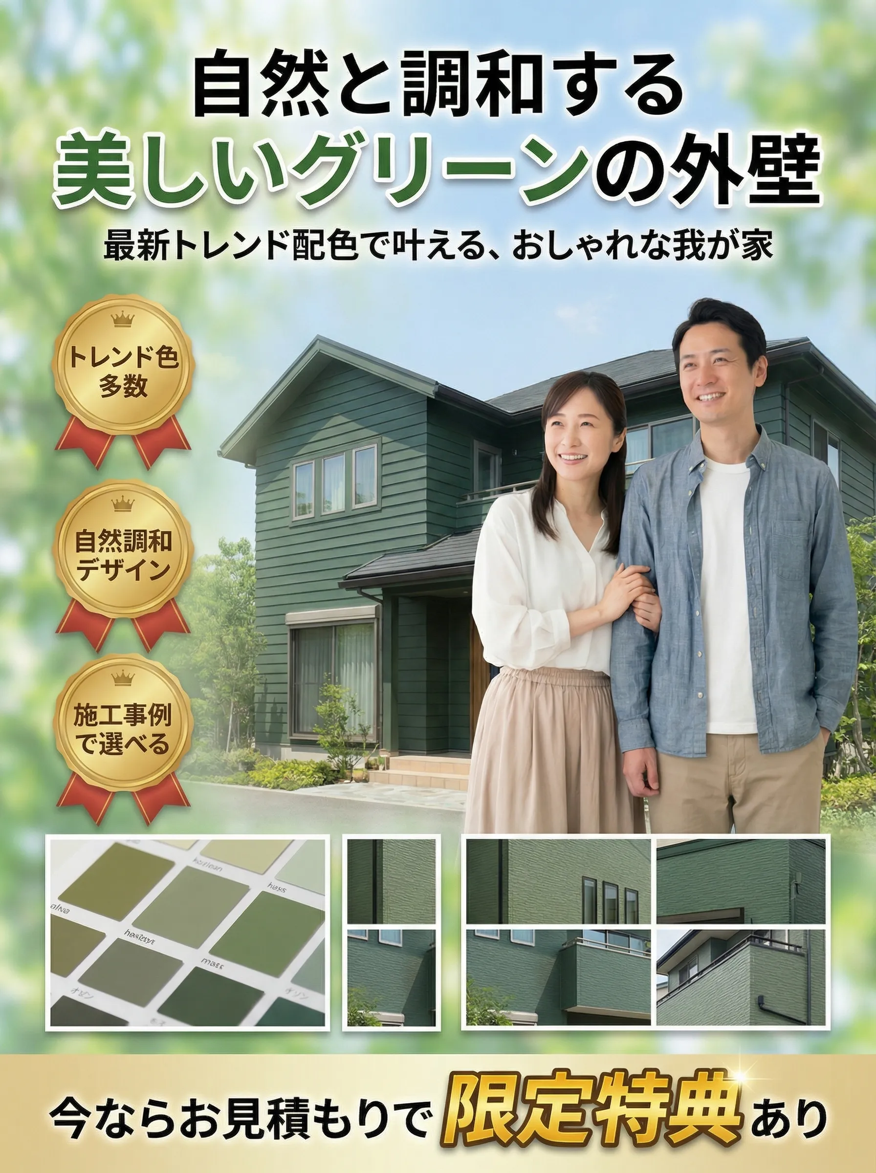 モダンな日本の住宅がグリーン系の外壁で自然と調和しているイメージ