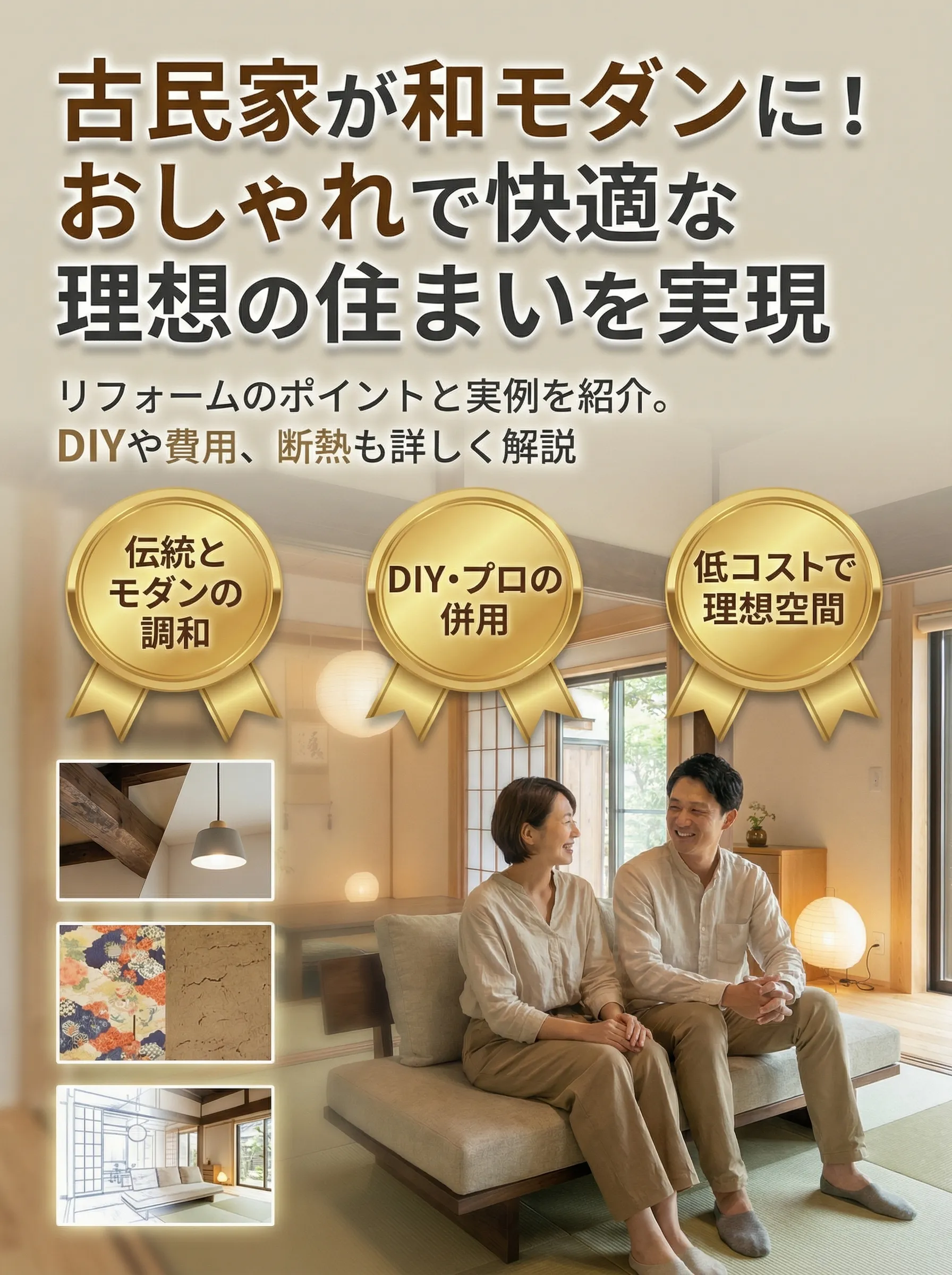 梁や色彩壁紙を活かした和モダンな古民家リフォームのおしゃれなリビング空間