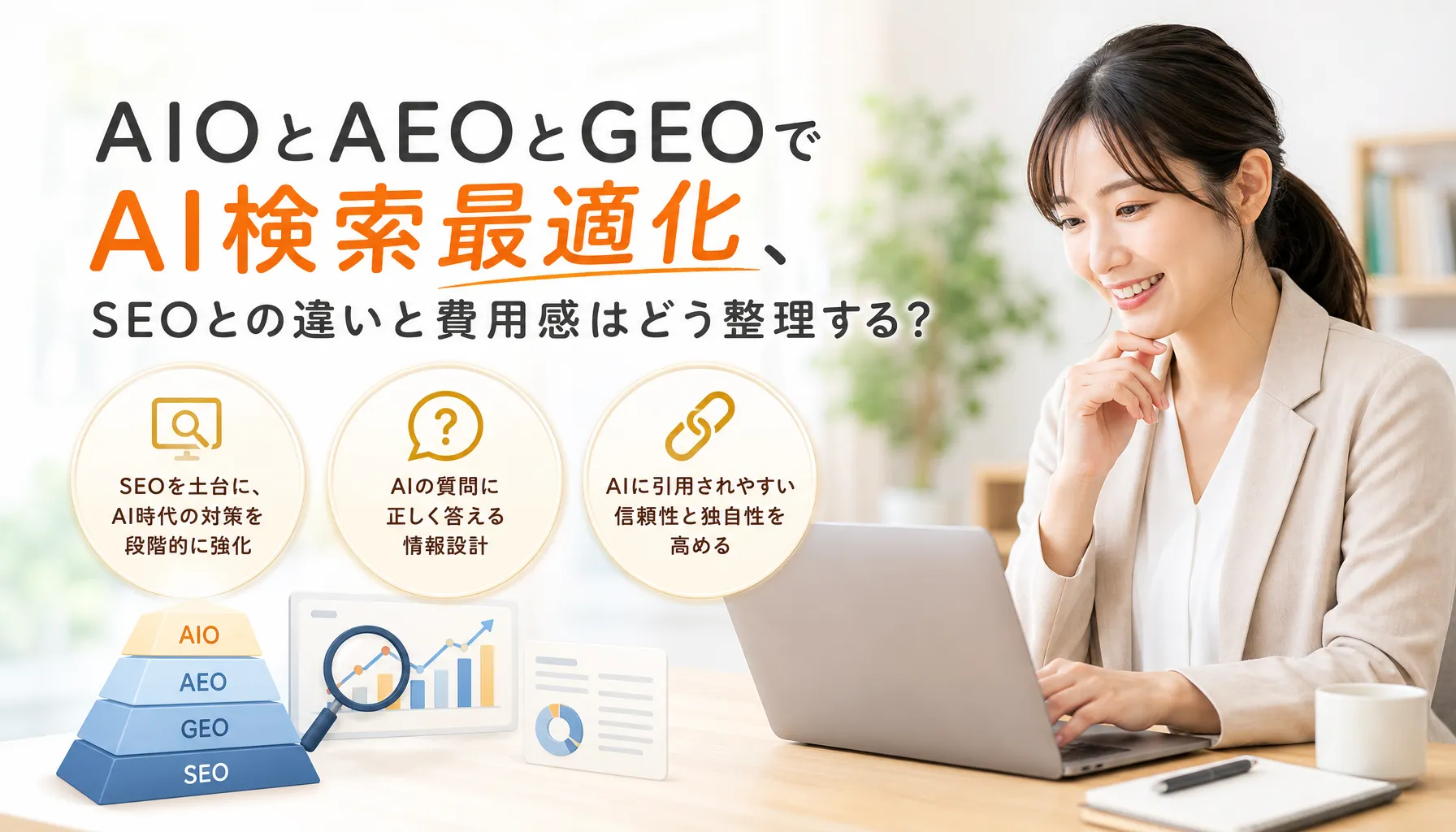AIOとAEOとGEOでAI検索最適化、SEOとの違いと費用感はどう整理する？